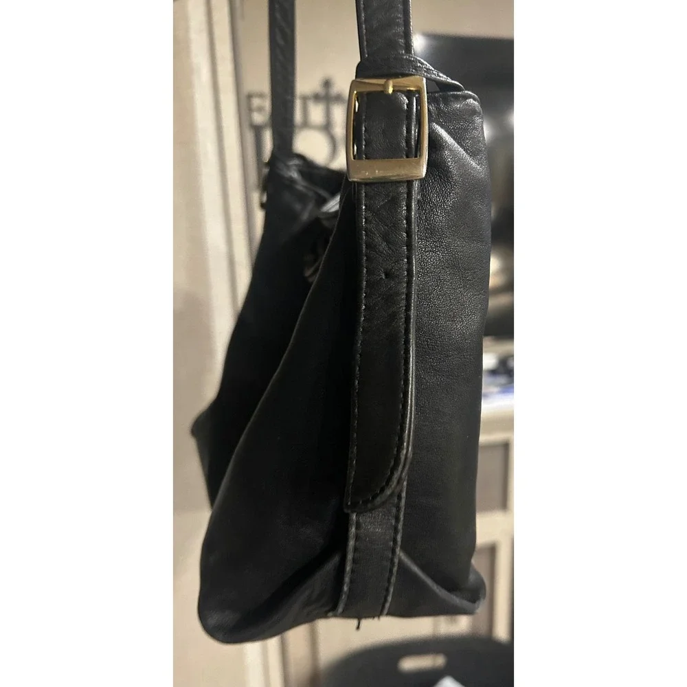 Vintage Black Leather Shoulder Bag Minimalist Hobo Purse Gold Hardware Trim